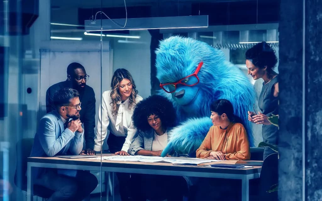 Geti mascot and a diverse team reviewing plans together at a conference table